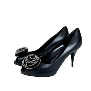 NWT Giuseppe Zanotti Pump Heels Sz.9.5 Black Leather PeepToe Zip Flower Platform